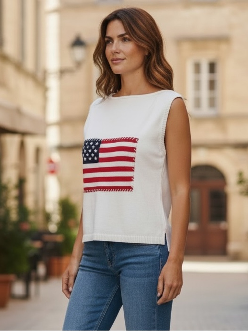 Rafaella White Sleeveless Knit Tank with Flag Motif